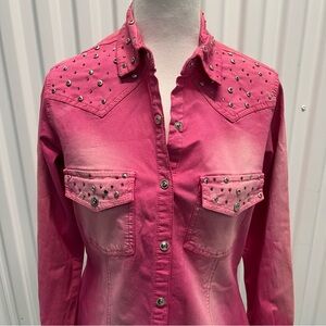 DG2 Diane Gilman Embellished Snap Front Shirt Jacket Pink Flaw Size Small
